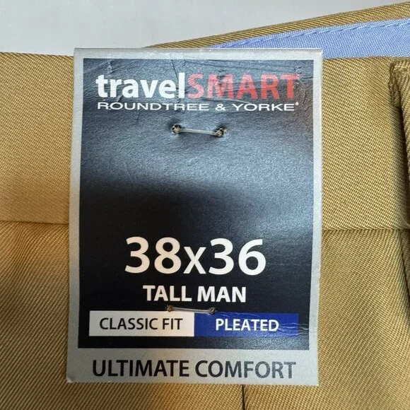 NWT Roundtree & Yorke Pants Travel Smart Mens Tall 38x36 Dress Tan Pleated - Picture 2 of 12